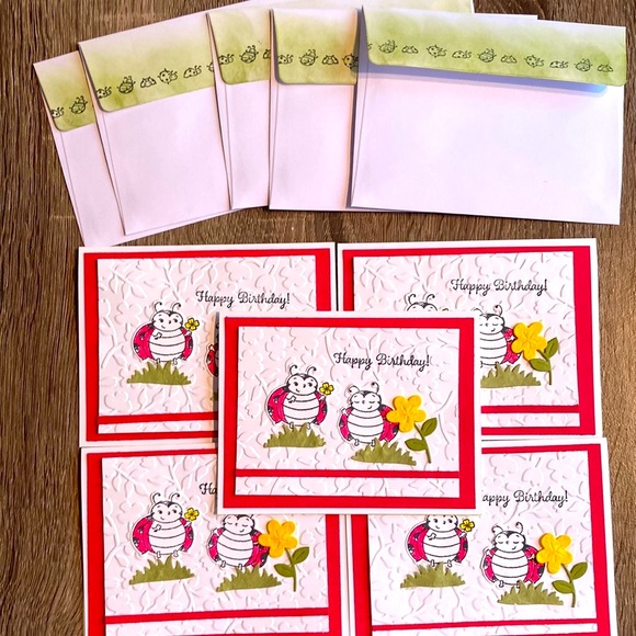 HandCrafted 5 pk Lady Bug Happy Birthday! Holiday Cards Blank Inside Envelope - Picture 7 of 8